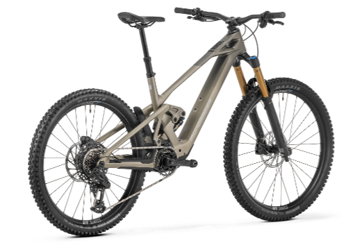 Full-suspension electric mountain bike with an olive frame, thick knobby tires, and disc brakes on white background.