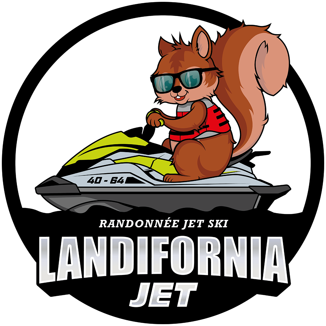 Cartoon brown squirrel in sunglasses riding a jet ski on a black background, with the words RANDONNÉE JET SKI LANDIFORNIA JET beneath the image (logo style).
